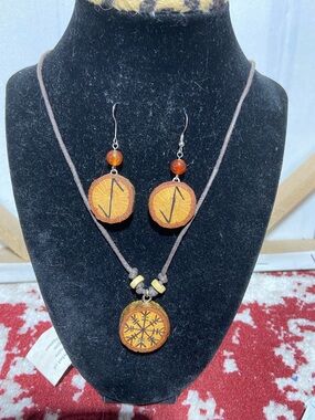 Handcrafted Brown & Tan Wood Rune Necklace and Earring Set